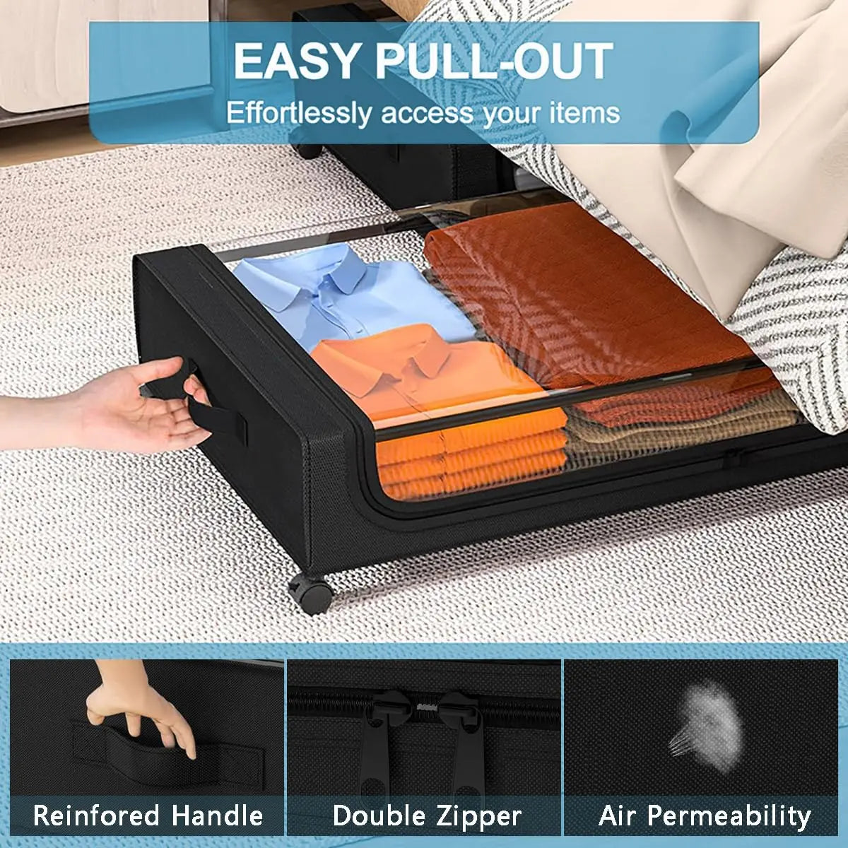 Under Bed Rolling Storage Bins, 2-Pack With Clear Lids