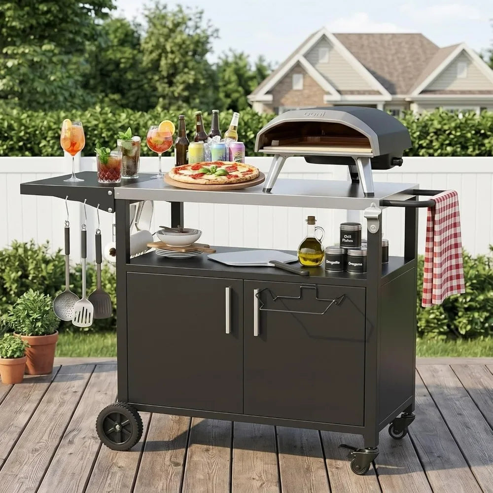 Outdoor Grill Cart With Foldable Stainless Steel Top And Wheels