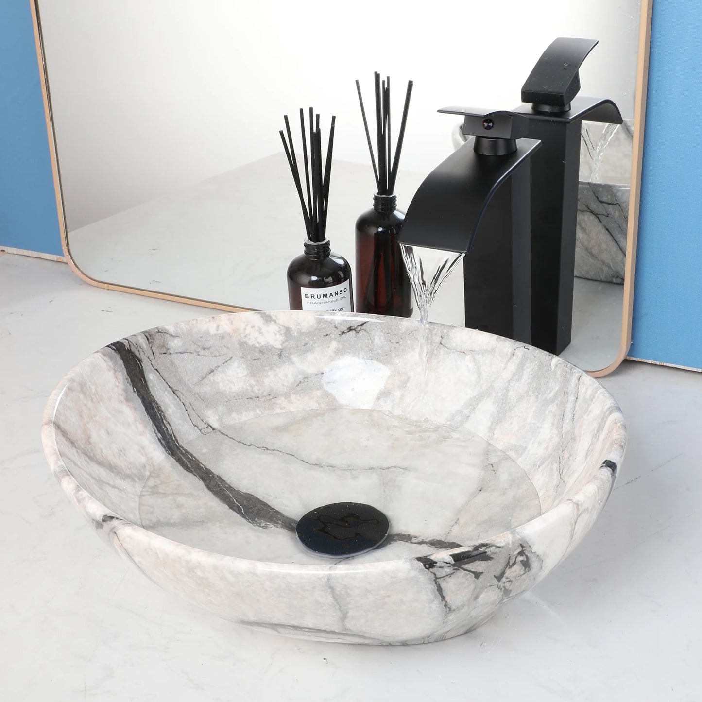 MEKKHALA Marble Oval Vessel Sink With Faucet Above Counter