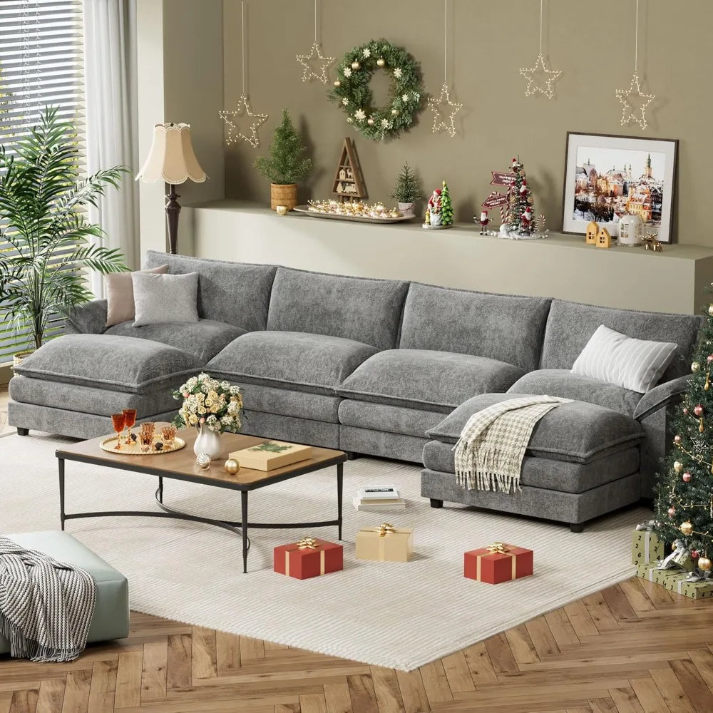 U Shaped Chenille Sectional Sofa With Removable Ottoman Sleeper