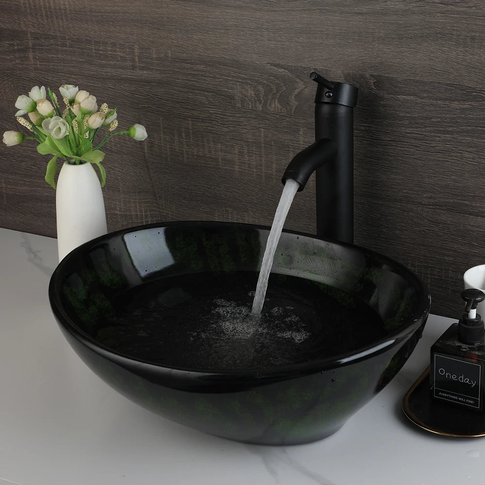 MEKKHALA Marble Oval Vessel Sink With Faucet Above Counter
