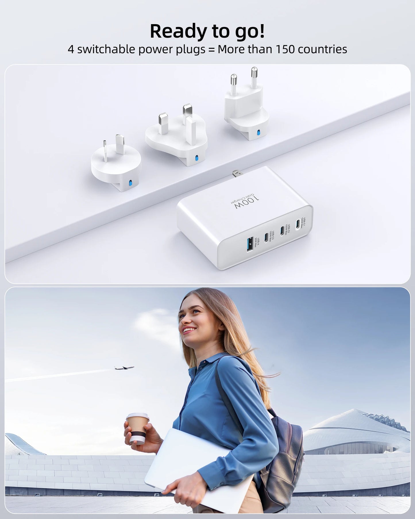 100W USB C Travel Charger With 4 Ports Foldable Plug