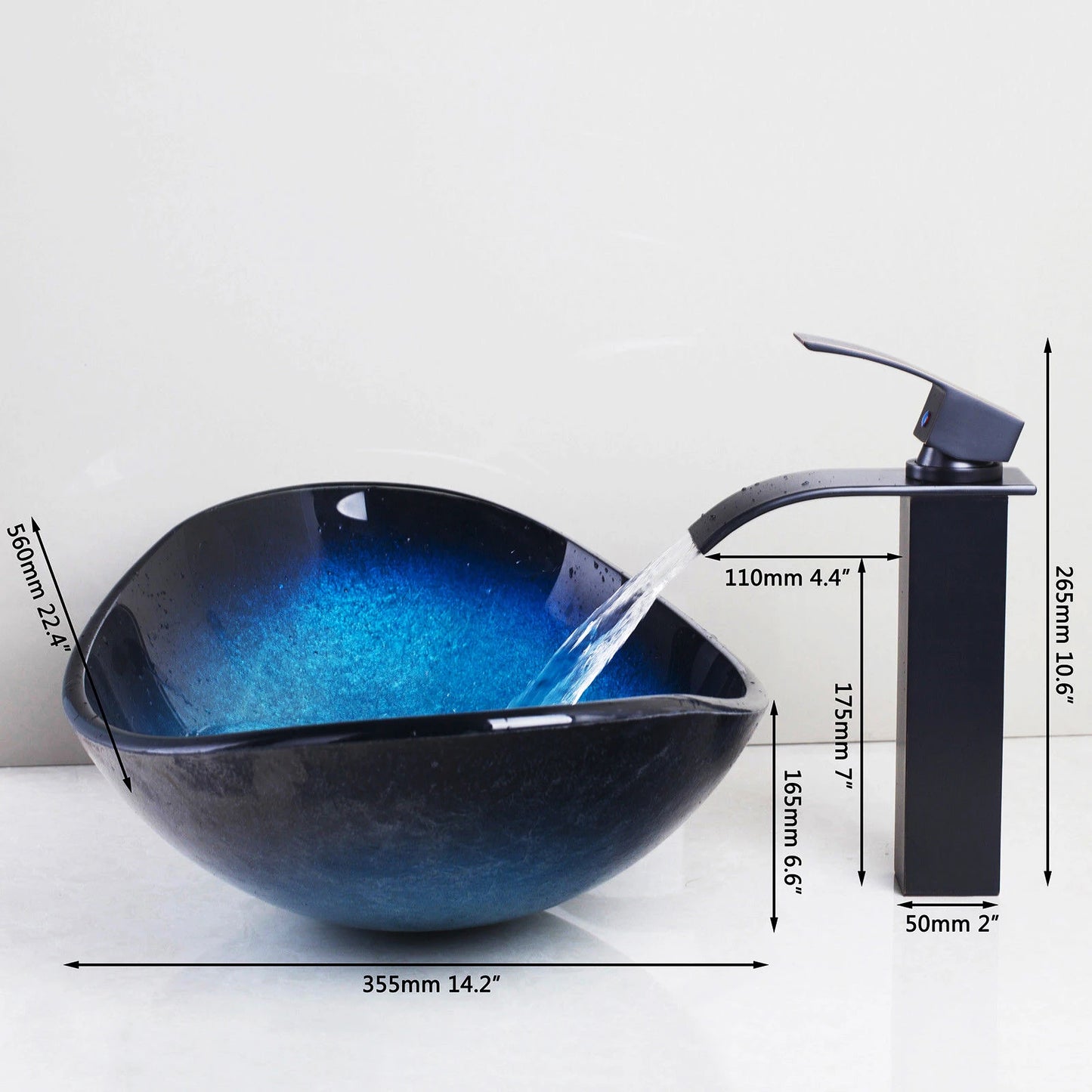 JIENI Tempered Glass Hand Painted Waterfall Basin Brass Faucet Set