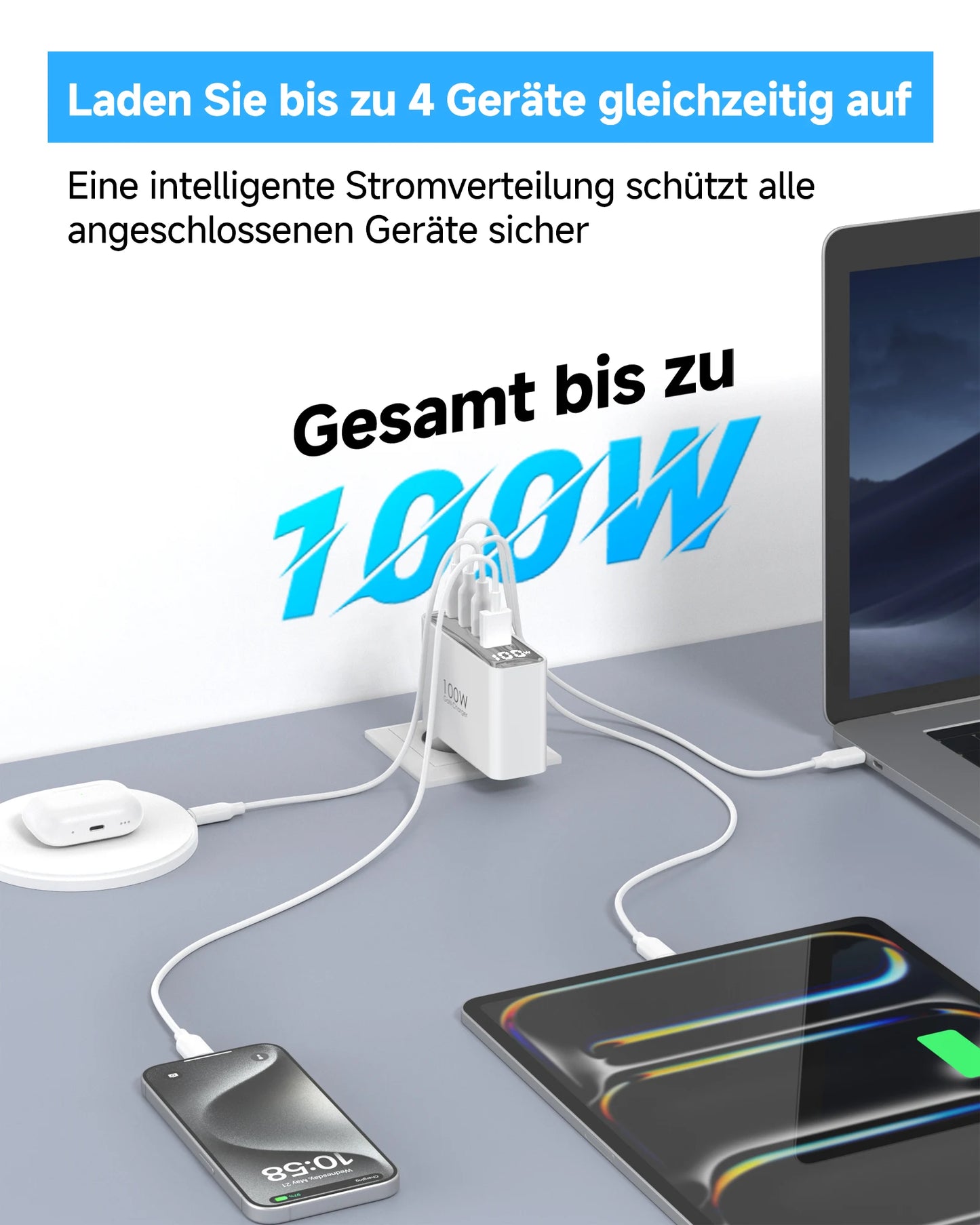 100W USB C Travel Charger With 4 Ports Foldable Plug