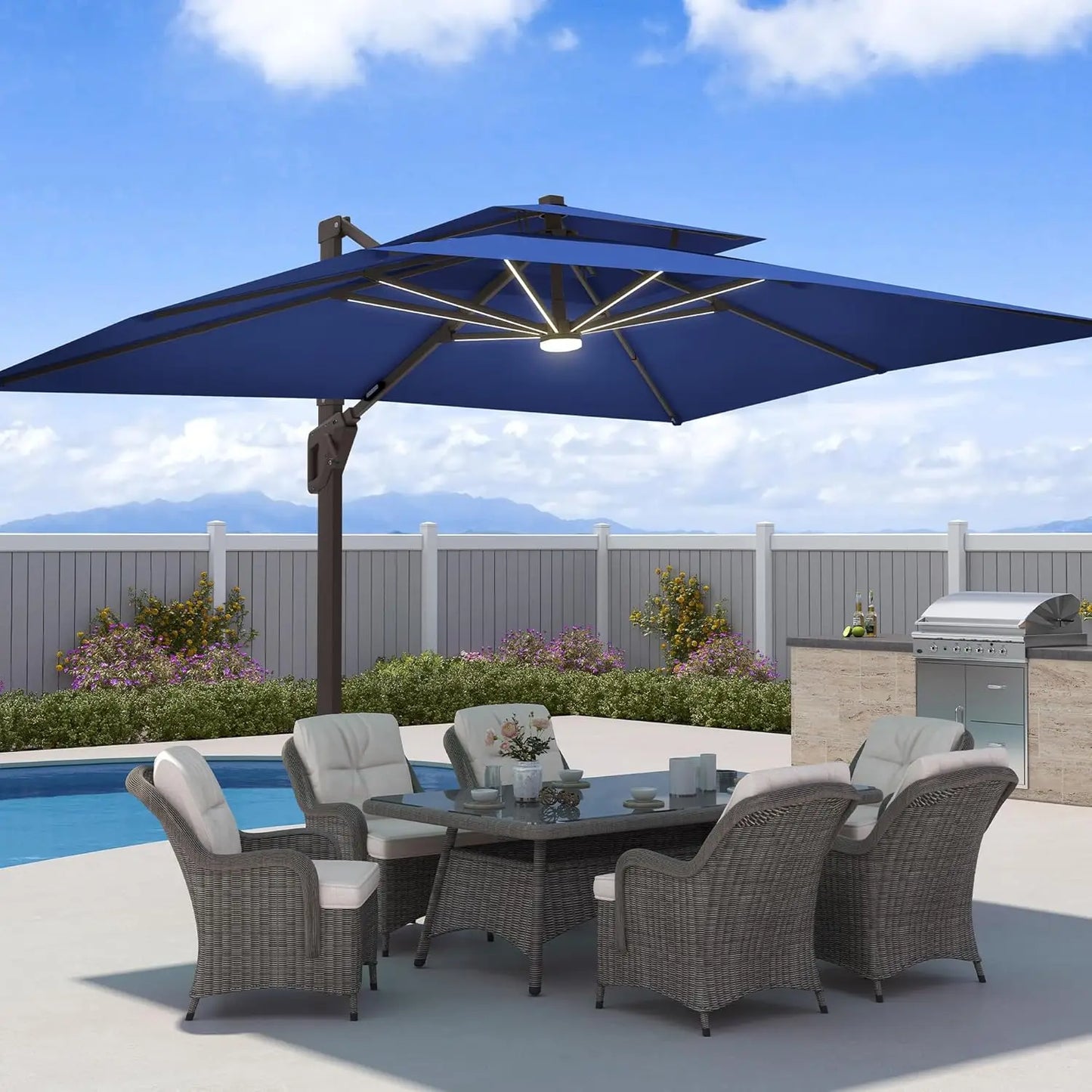 GUOHE Patio Cantilever Umbrella With LED Lights Aluminum Frame