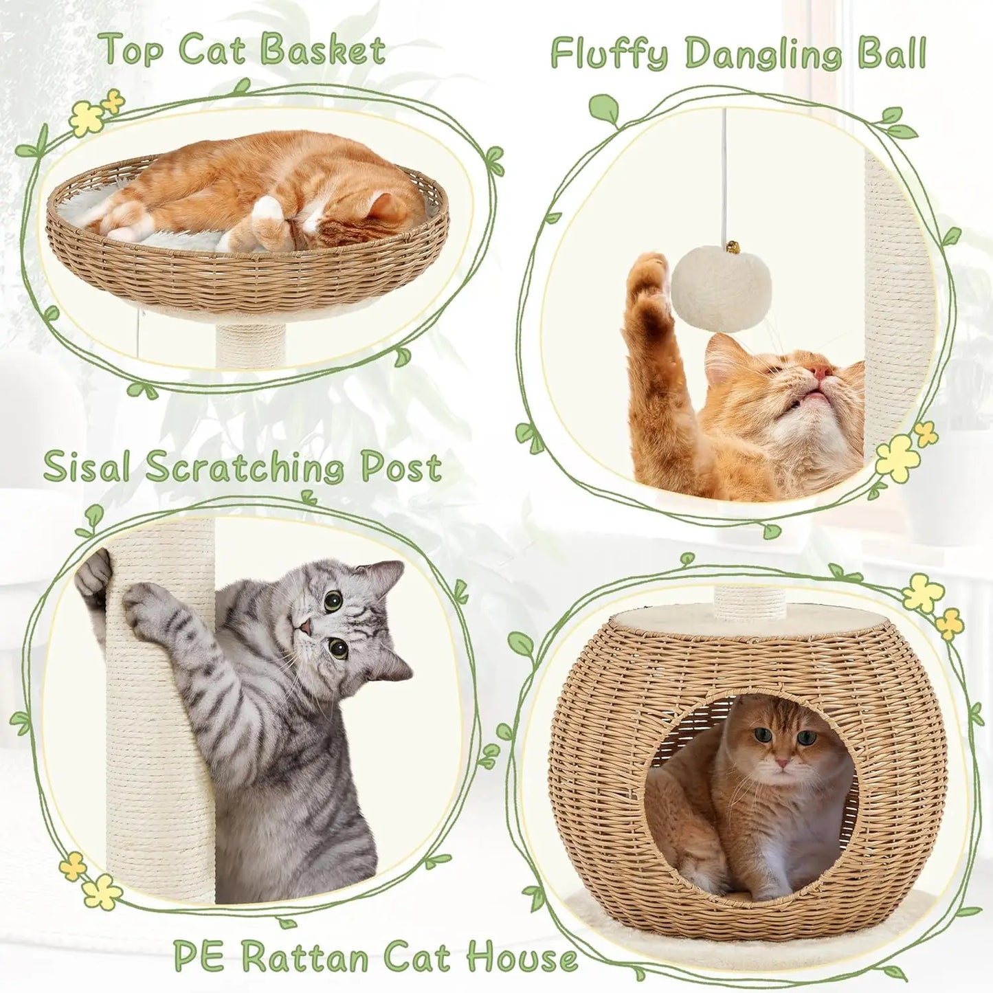 Cat Tree Rattan Tower With Scratching Post And Woven Condo