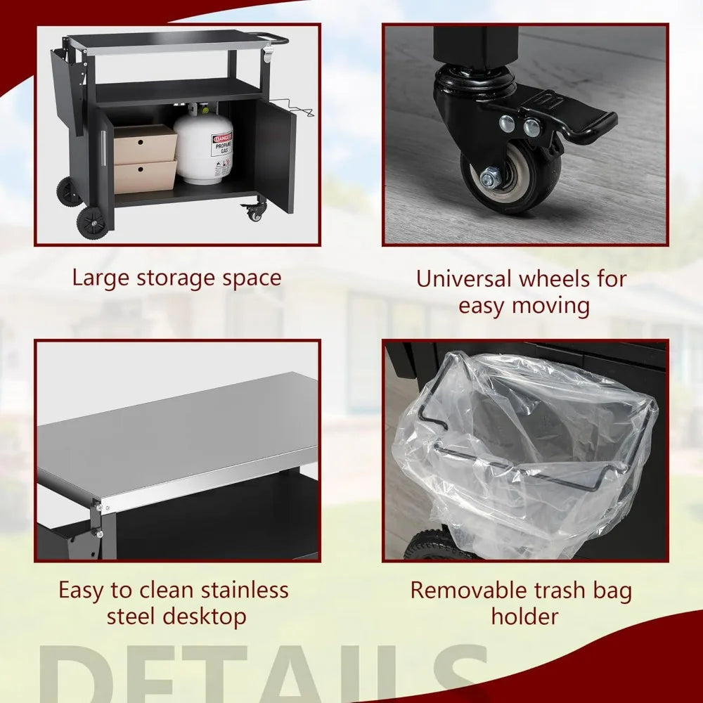 Outdoor Grill Cart With Foldable Stainless Steel Top And Wheels