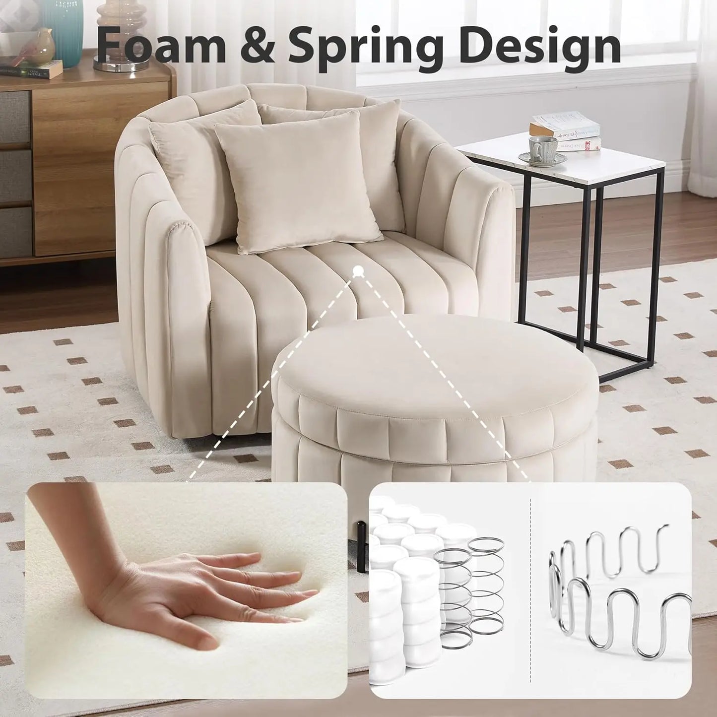 Velvet Swivel Barrel Chair With Ottoman And Pillows Living Room
