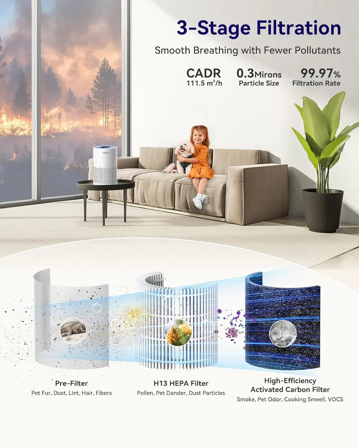 Bedroom Air Purifier With H13 True HEPA Sleep Mode