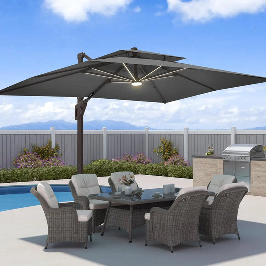 GUOHE Patio Cantilever Umbrella With LED Lights Aluminum Frame