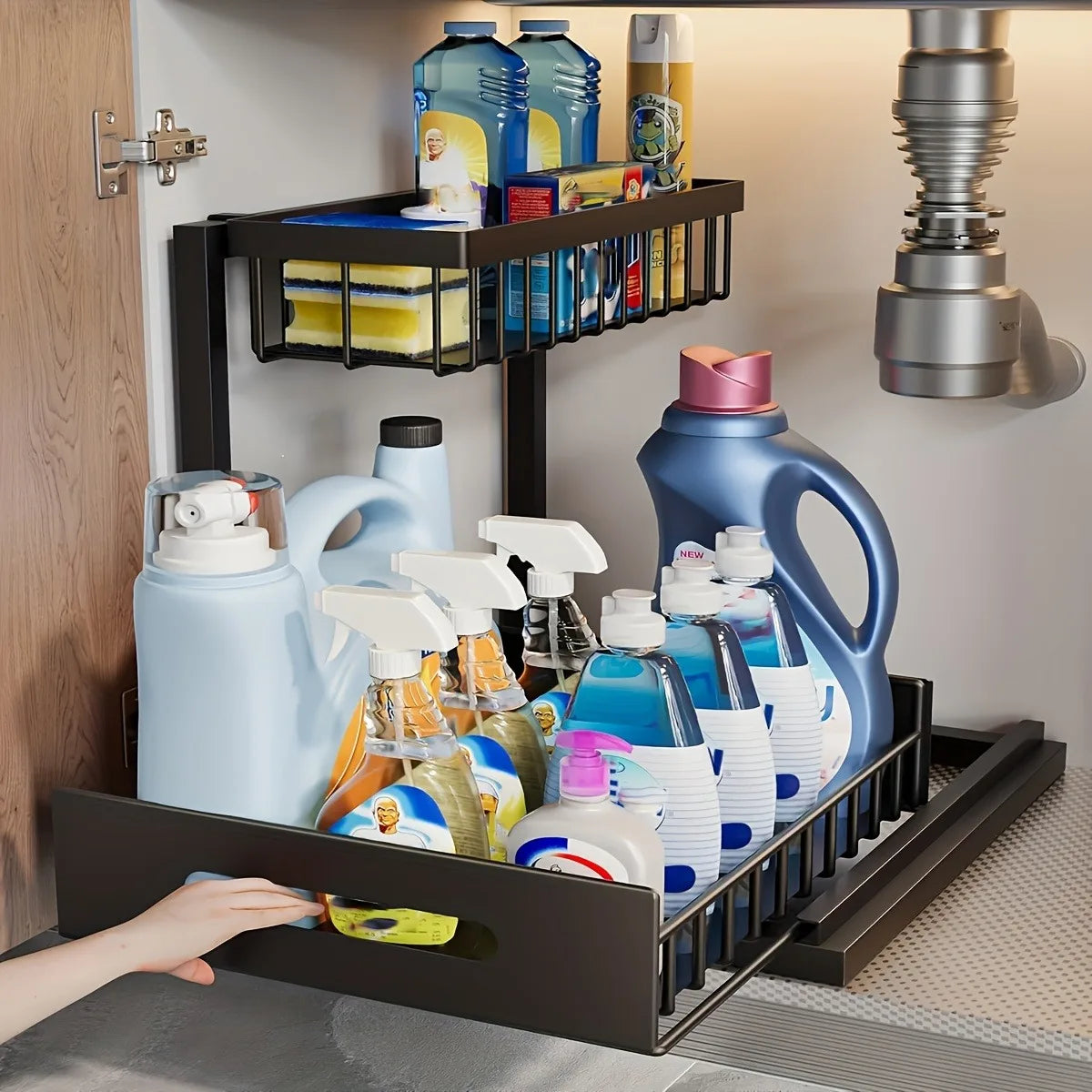 Sliding Pull-Out Cabinet Rack for Lower Sink Kitchen Storage