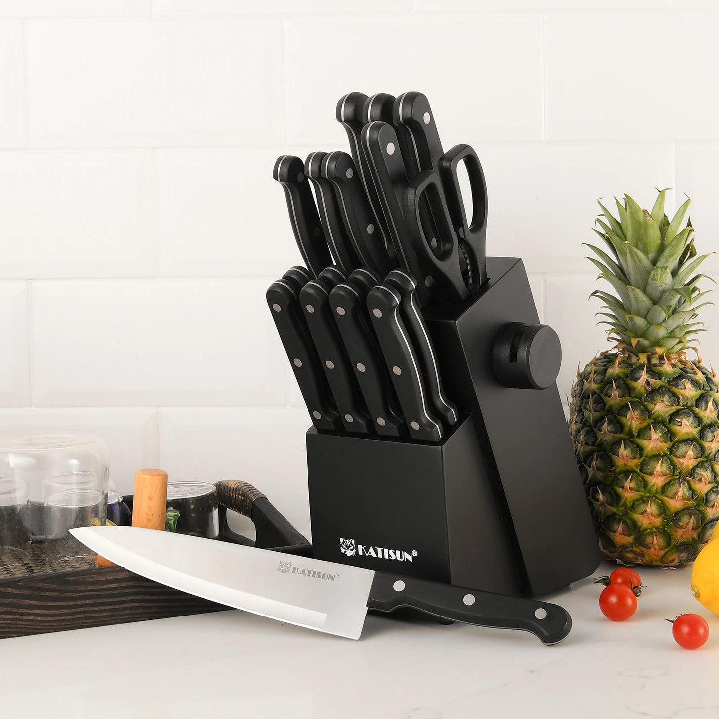 Katisun 19-Piece Carbon Steel Knife Block Set With Built-In Sharpener Meat Fork