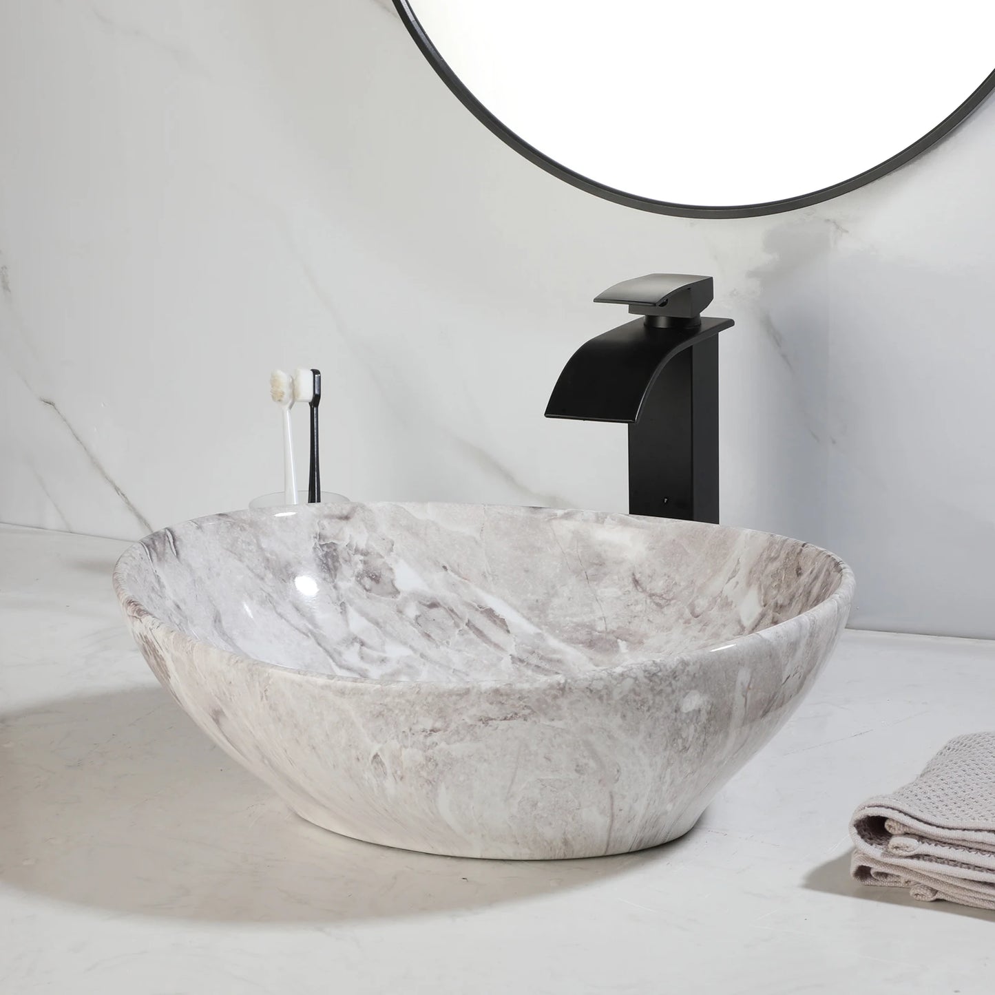 MEKKHALA Marble Oval Vessel Sink With Faucet Above Counter