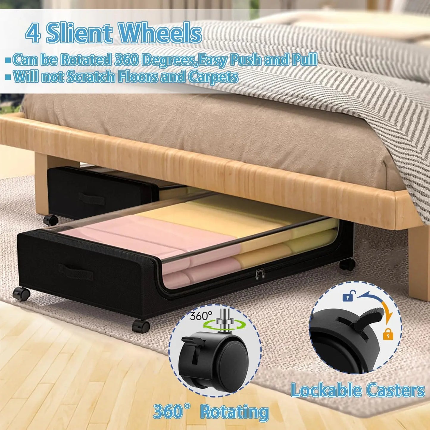 Under Bed Rolling Storage Bins, 2-Pack With Clear Lids