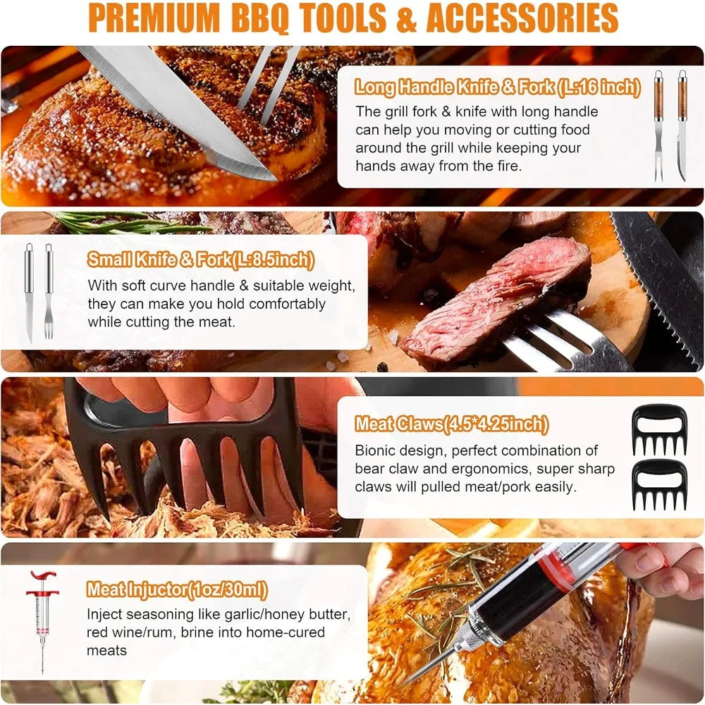 NBVCX Stainless Steel BBQ Tool Set With Thermometer Grill Mats Aluminum Case