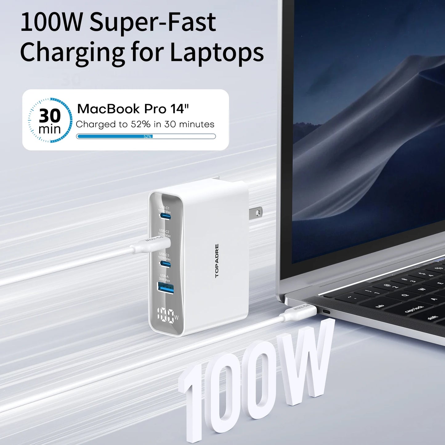 100W USB C Travel Charger With 4 Ports Foldable Plug