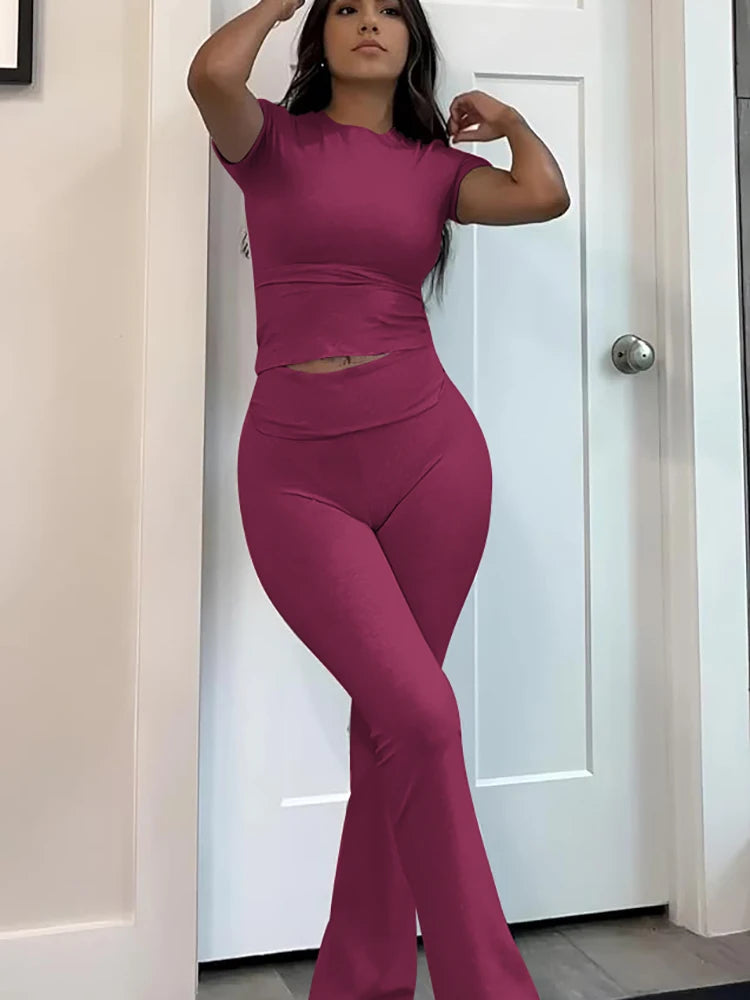 Womens Two Piece Yoga Set Short Sleeve Top Flared Pants