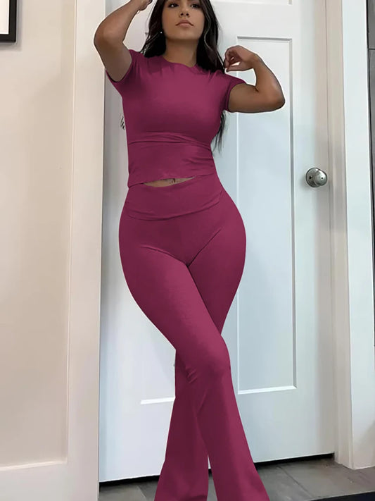 Womens Two Piece Yoga Set Short Sleeve Top Flared Pants