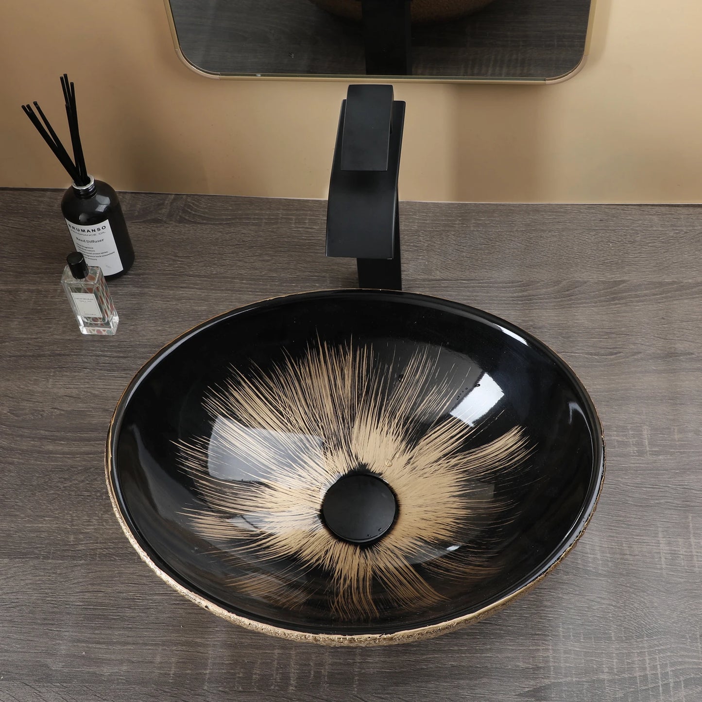 MEKKHALA Marble Oval Vessel Sink With Faucet Above Counter