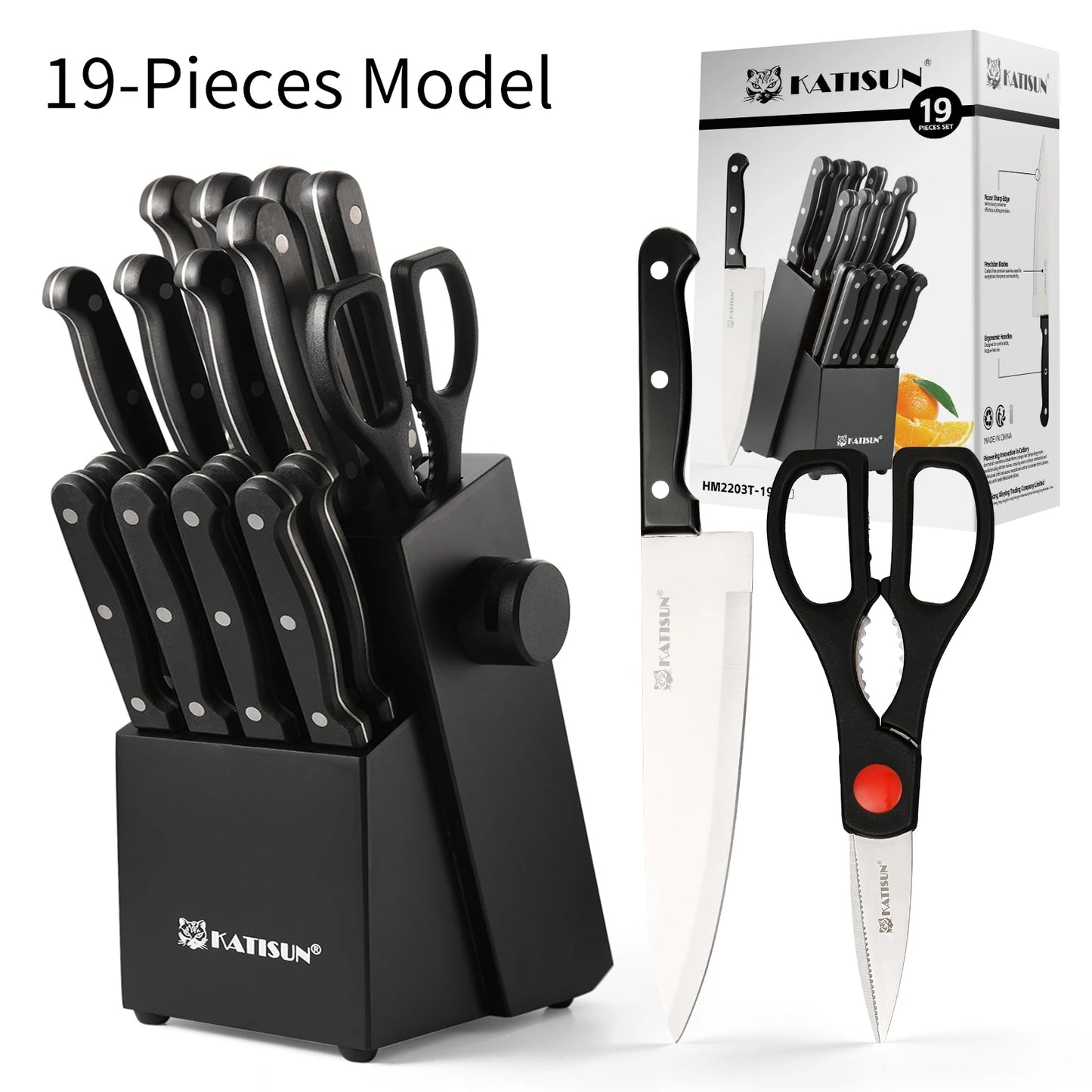 Katisun 19-Piece Carbon Steel Knife Block Set With Built-In Sharpener Meat Fork