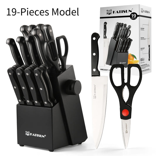 Katisun 19-Piece Carbon Steel Knife Block Set With Built-In Sharpener Meat Fork