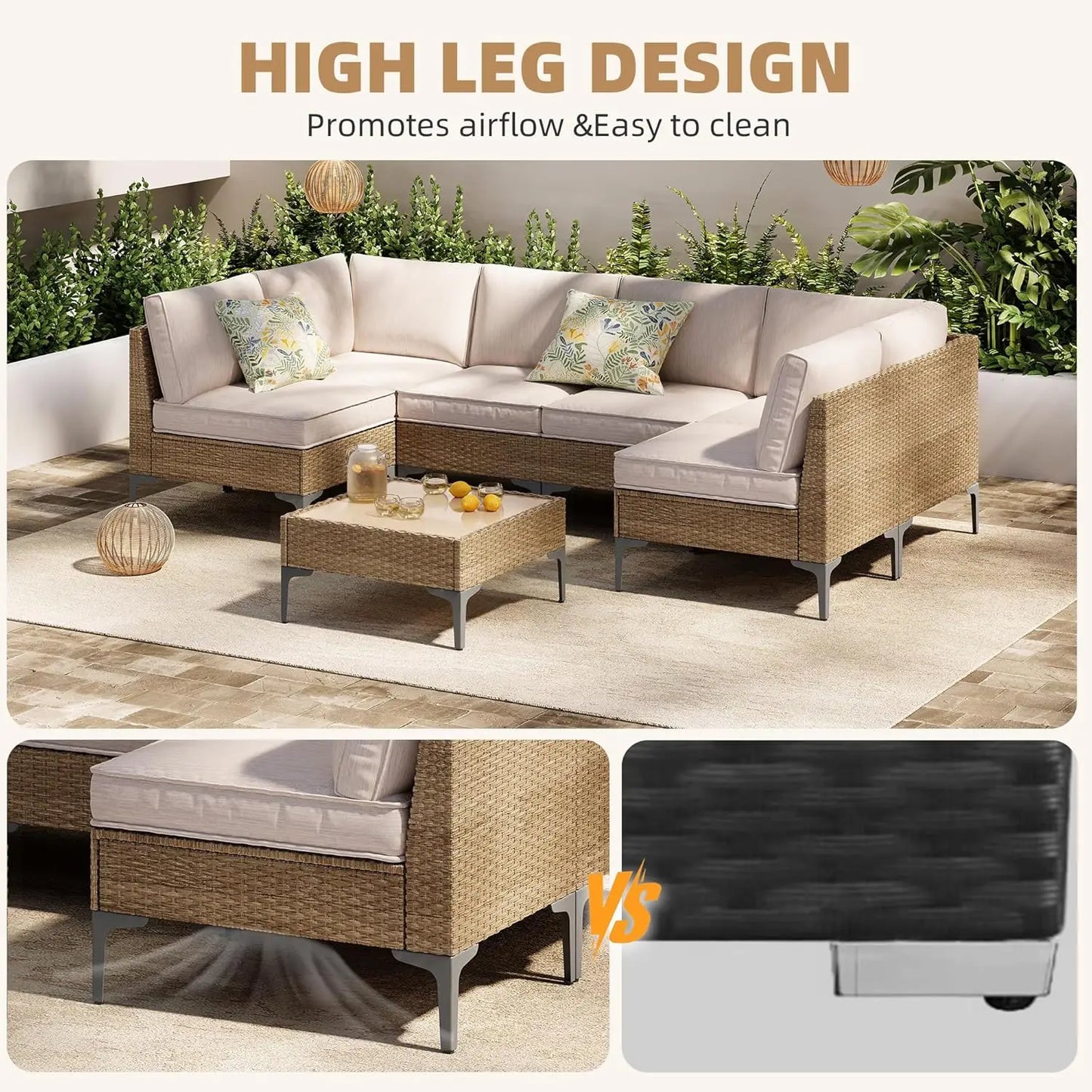 7-Piece Patio Furniture Set Outdoor Wicker Sectional With All-Weather Cushions
