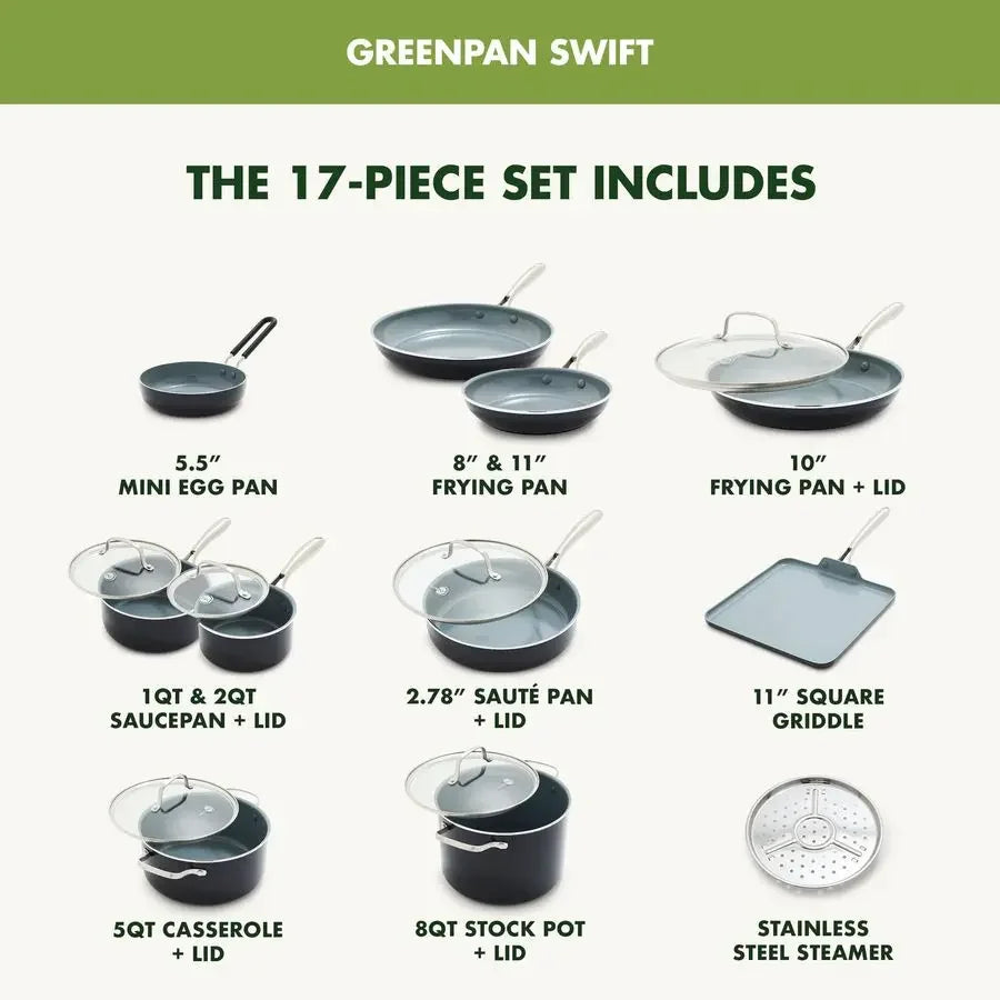 Swift 17 Piece Nonstick Cookware Set Ceramic PFAS Free Pots Pans