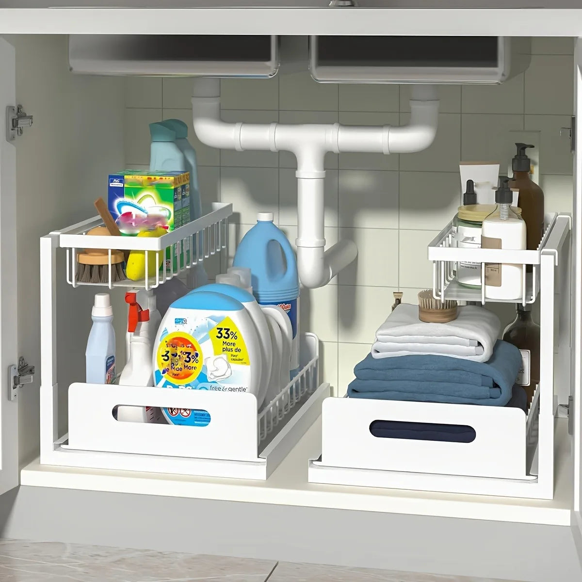 Sliding Pull-Out Cabinet Rack for Lower Sink Kitchen Storage