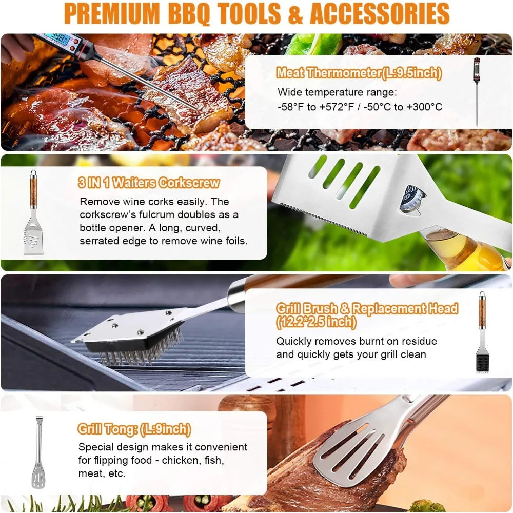 NBVCX Stainless Steel BBQ Tool Set With Thermometer Grill Mats Aluminum Case