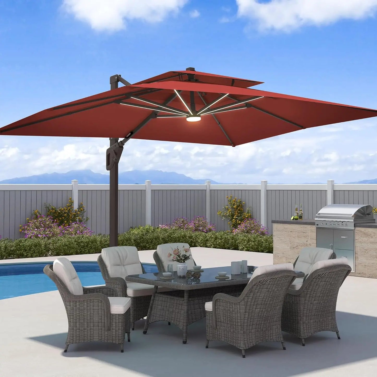 GUOHE Patio Cantilever Umbrella With LED Lights Aluminum Frame