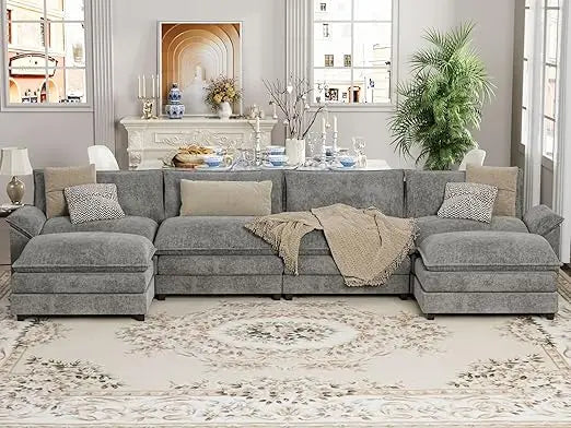 U Shaped Chenille Sectional Sofa With Removable Ottoman Sleeper