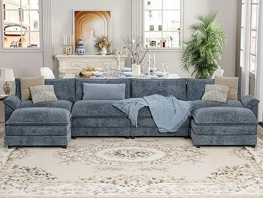 U Shaped Chenille Sectional Sofa With Removable Ottoman Sleeper
